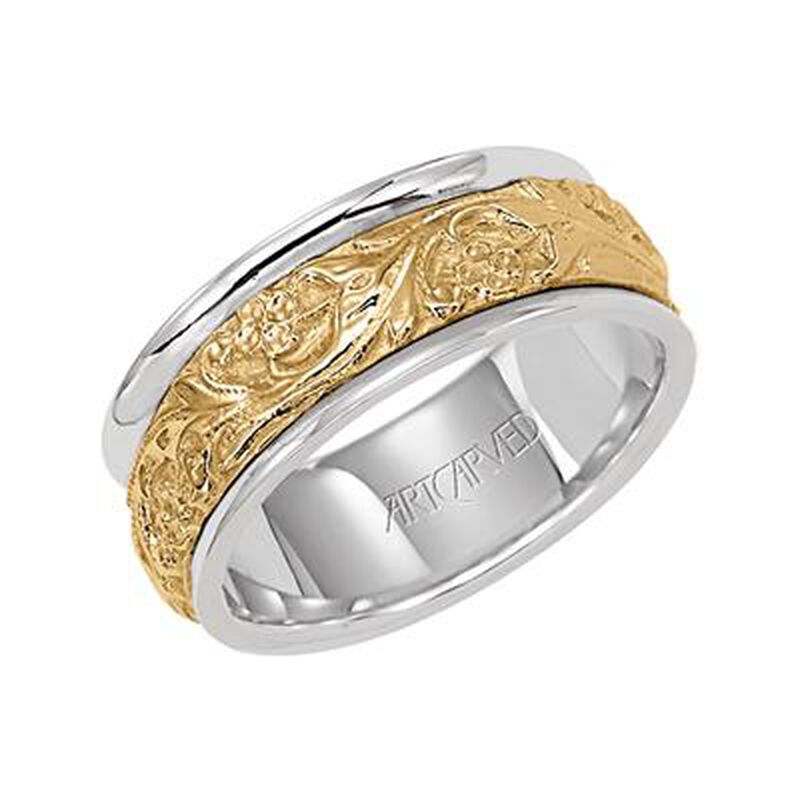 ArtCarved Men's Comfort Fit 8mm Intricate Engraved Center Round Edge Wedding Band in 14k Two-Tone Gold image number null